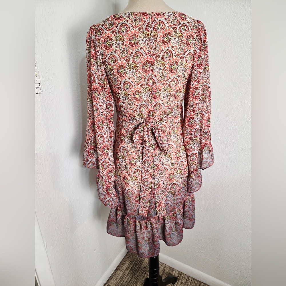 Betsey Johnson Pink & Red Paisley Dress, Long Bell Sleeves, Ruffled Hem, Sz 6 - Picture 9 of 14
